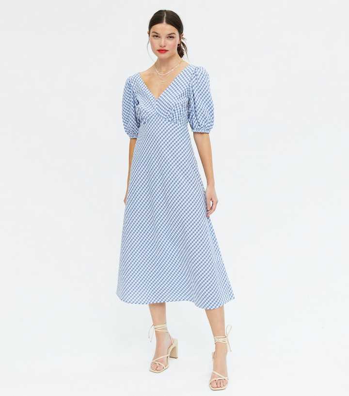 Blue Gingham V Neck Midi Dress