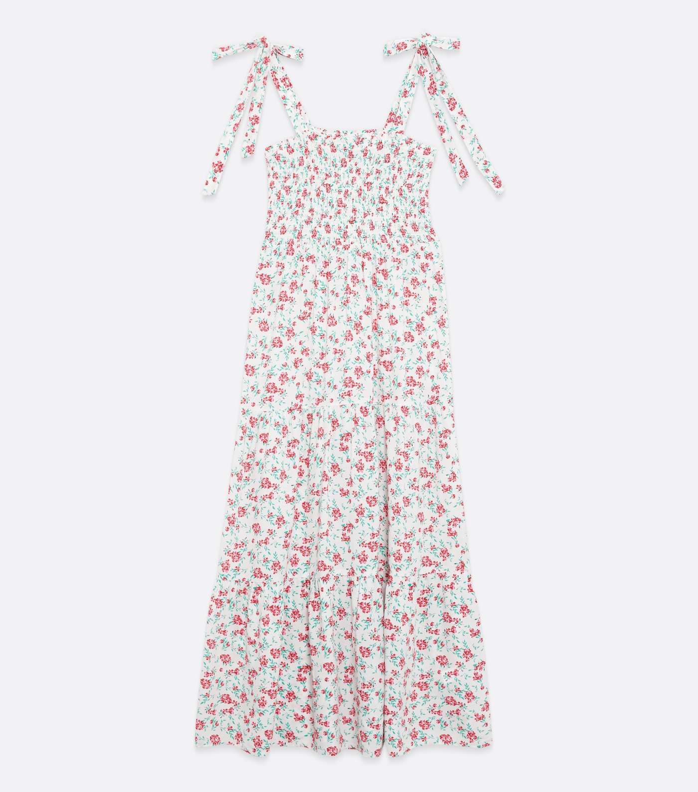 Off White Floral Shirred Tie Strap Tiered Midi Dress Image 5