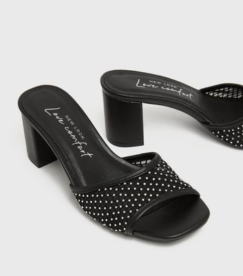 Black Mesh Diamanté Stap Block Heel 