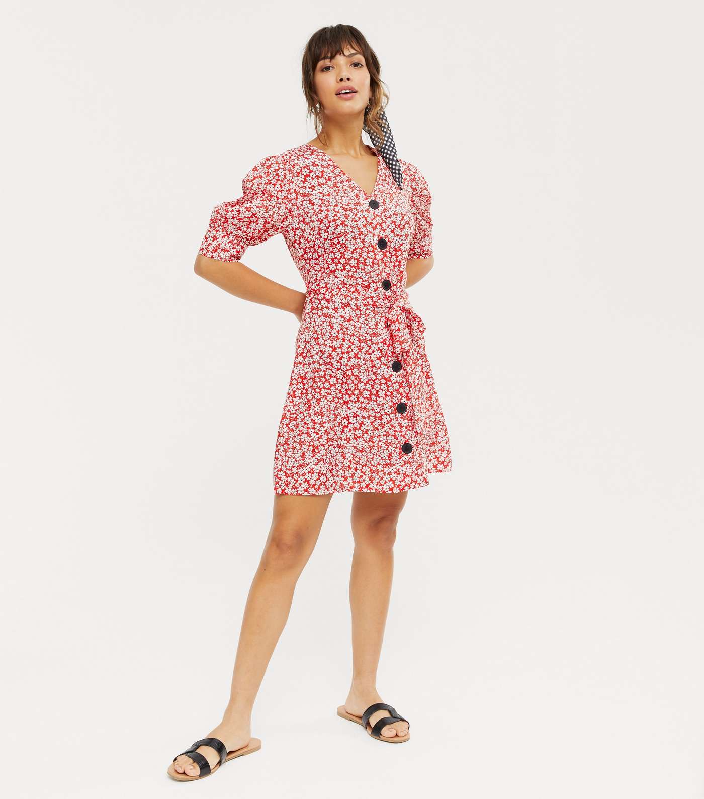 Red Ditsy Floral Puff Sleeve Button Up Dress Image 2