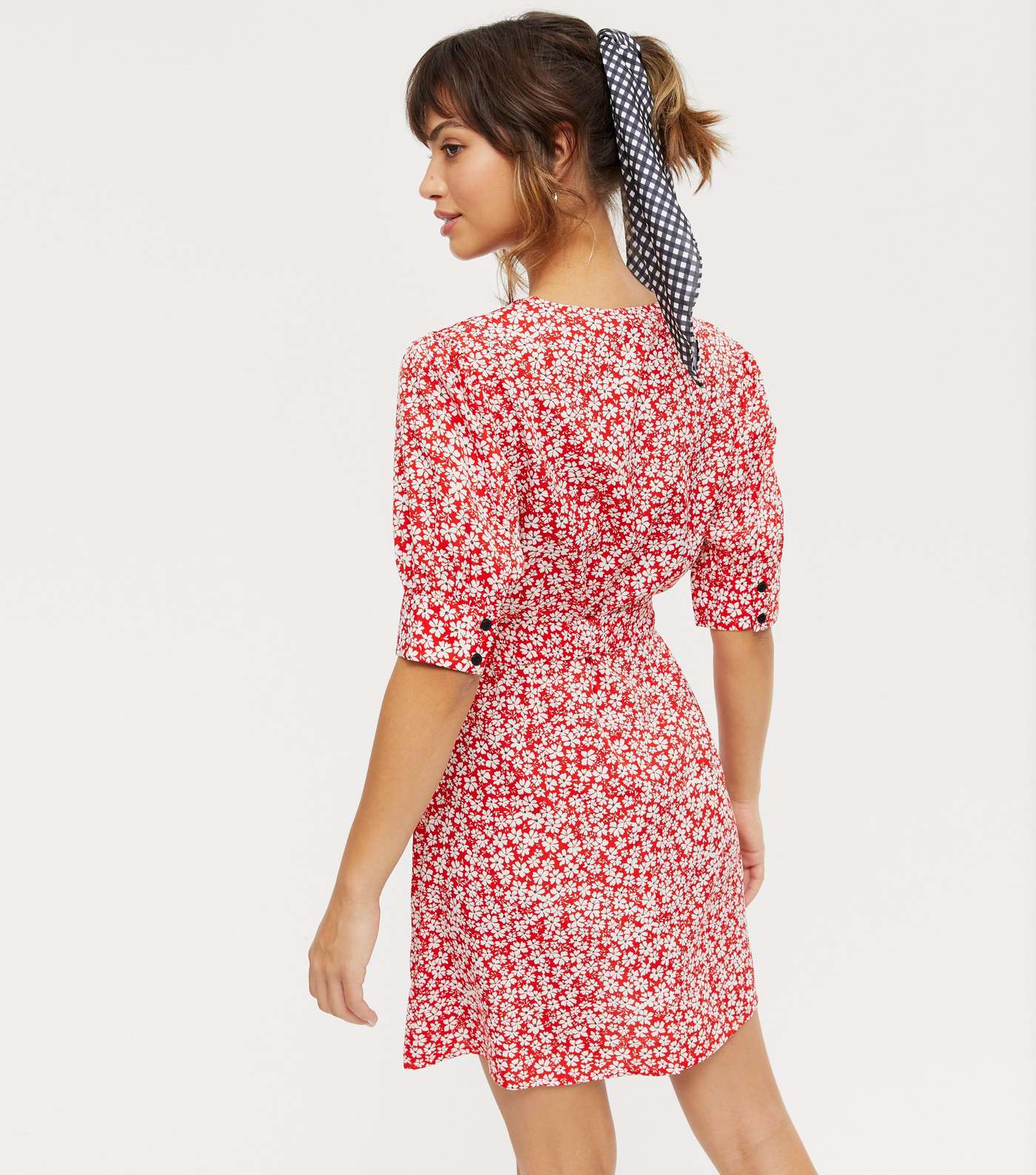 Red Ditsy Floral Puff Sleeve Button Up Dress Image 4