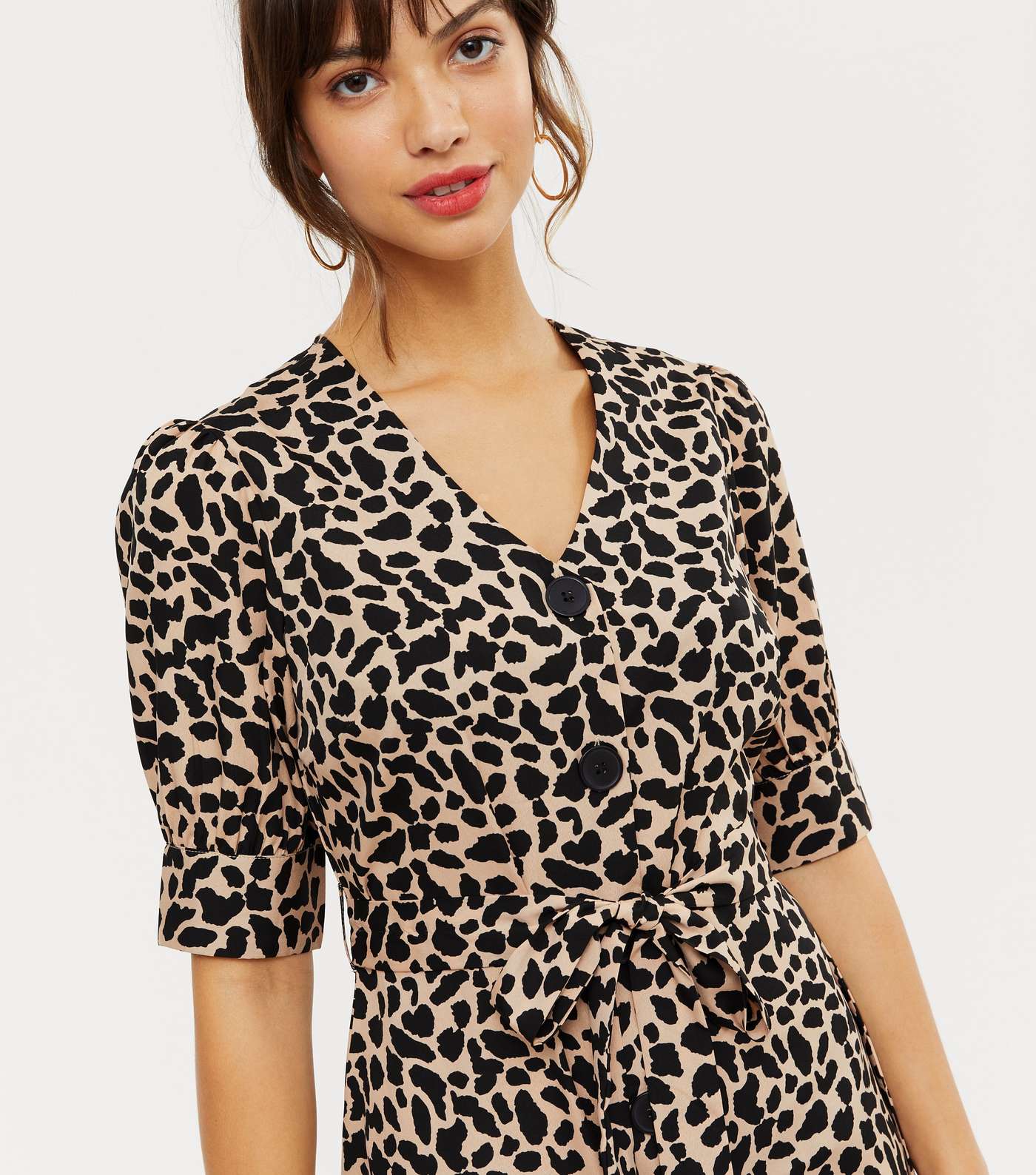 Brown Animal Print Puff Sleeve Button Up Dress Image 3
