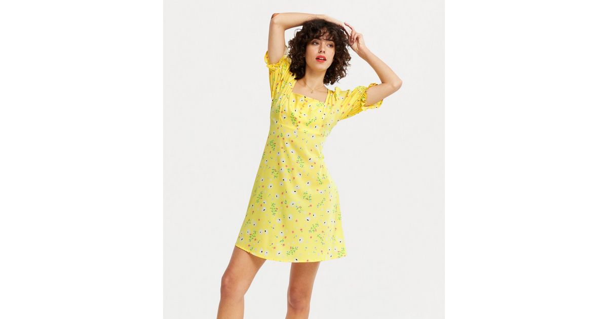 Yellow Floral Square Neck Button Front Mini Dress | New Look