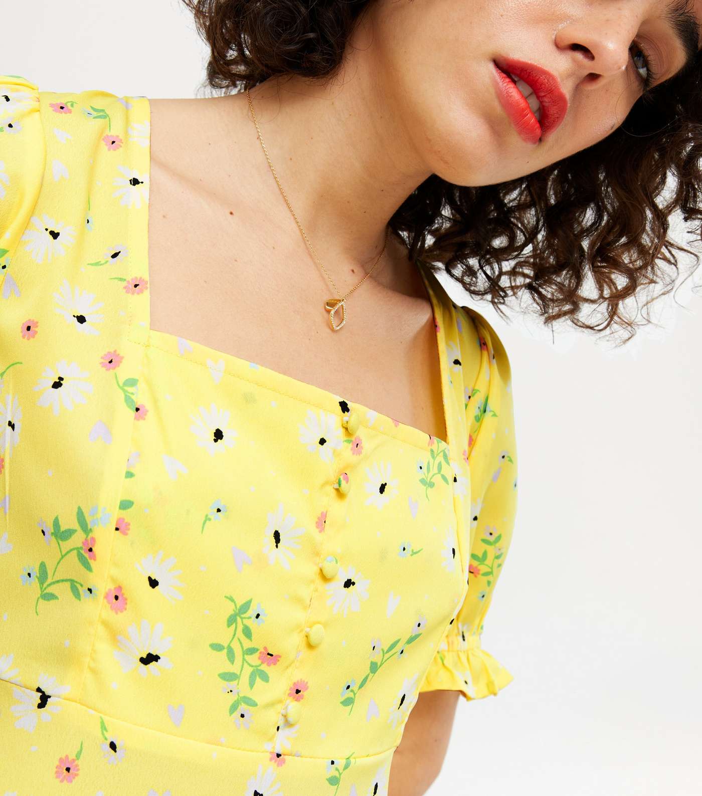 Yellow Floral Square Neck Button Front Mini Dress Image 3