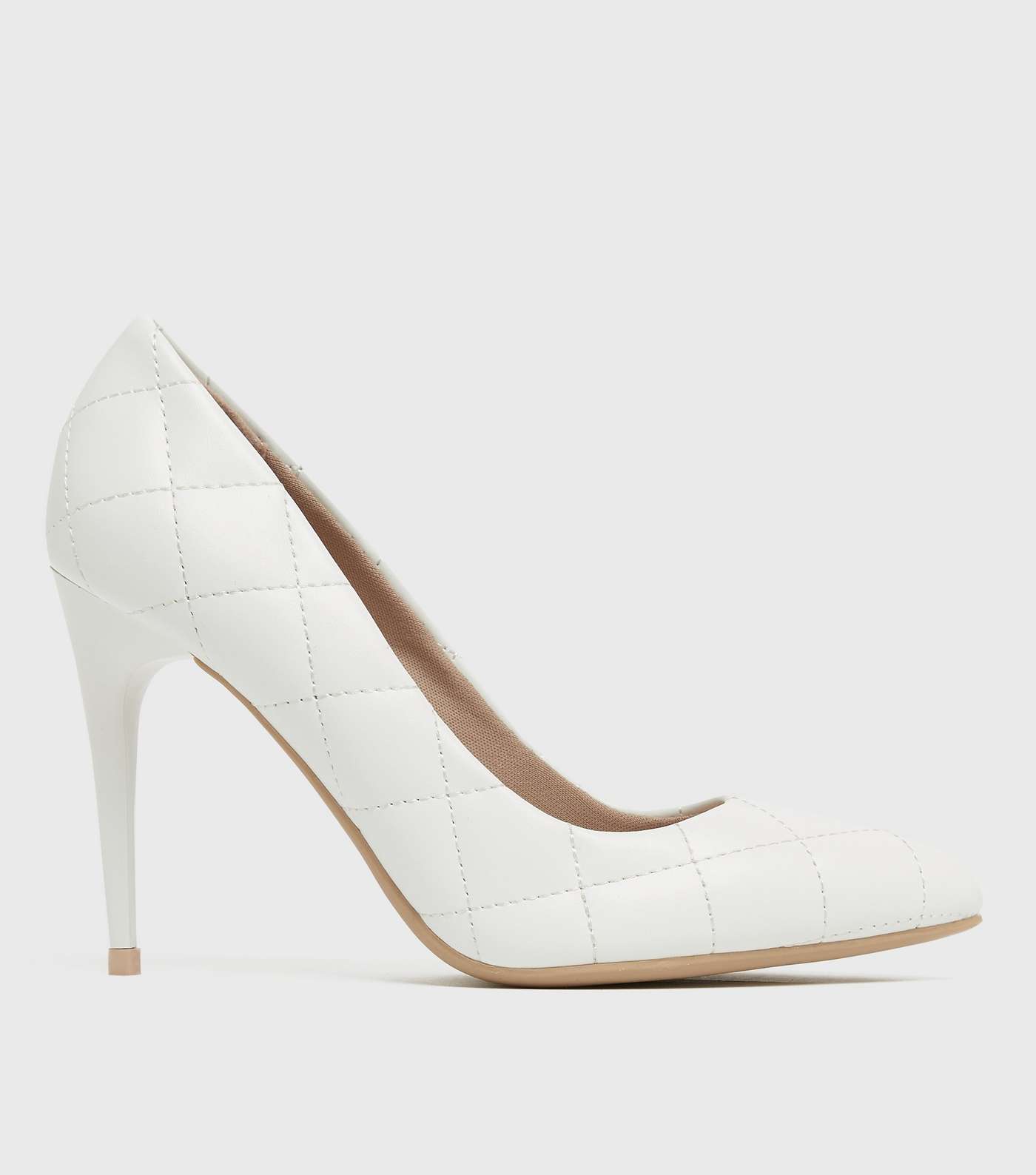 White Quilted Stiletto Heel Pointed Court Shoes