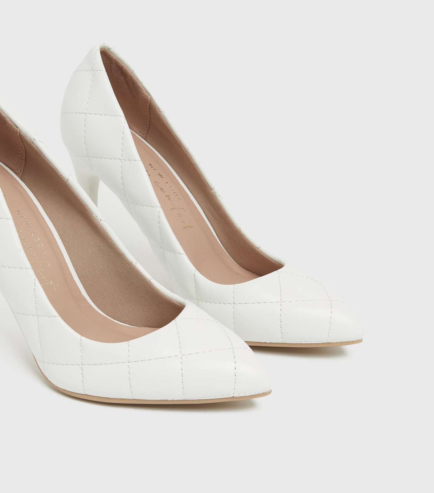 White Quilted Stiletto Heel Pointed Court Shoes Image 3