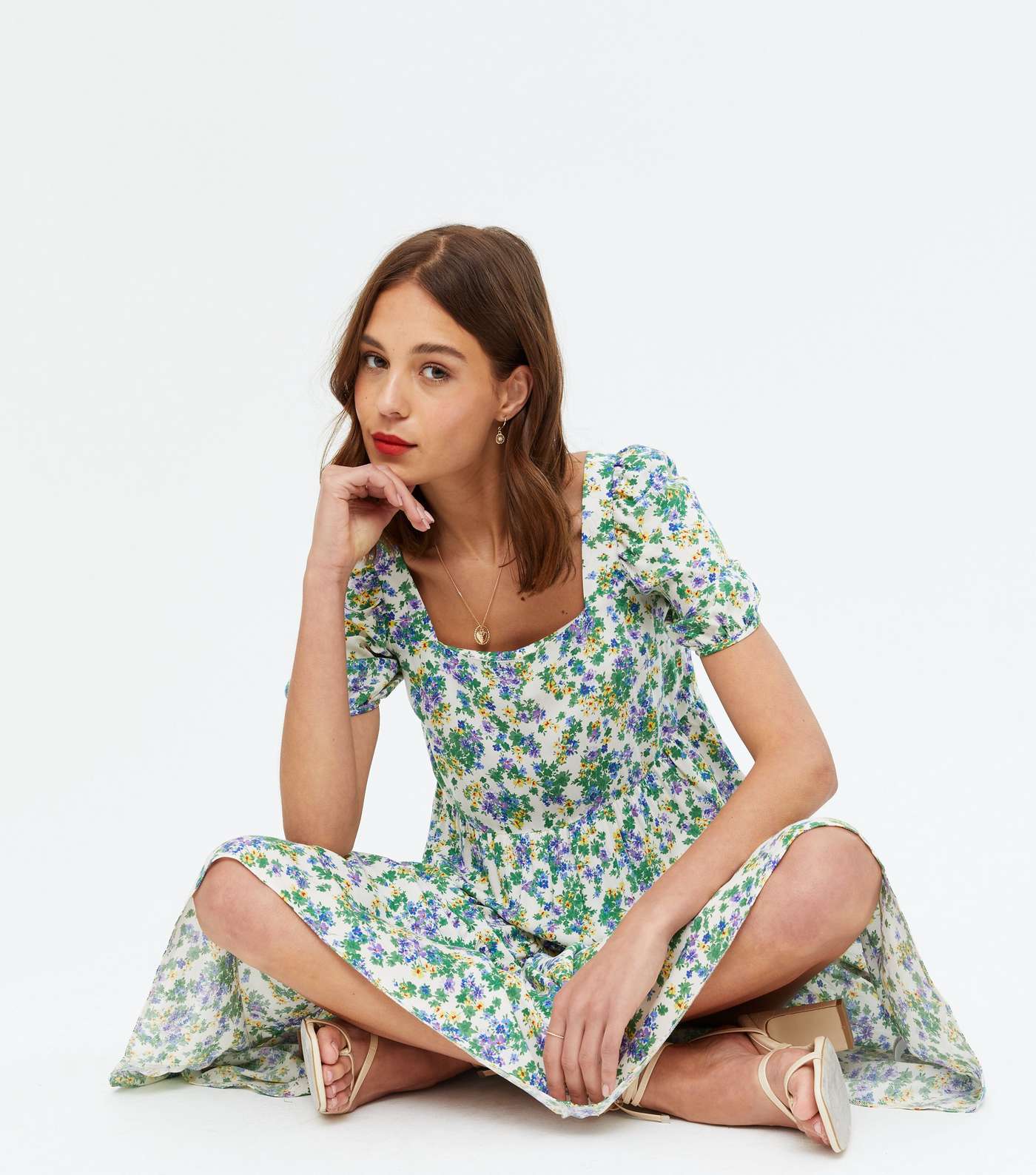 Green Ditsy Floral Frill Tiered Midi Dress Image 2