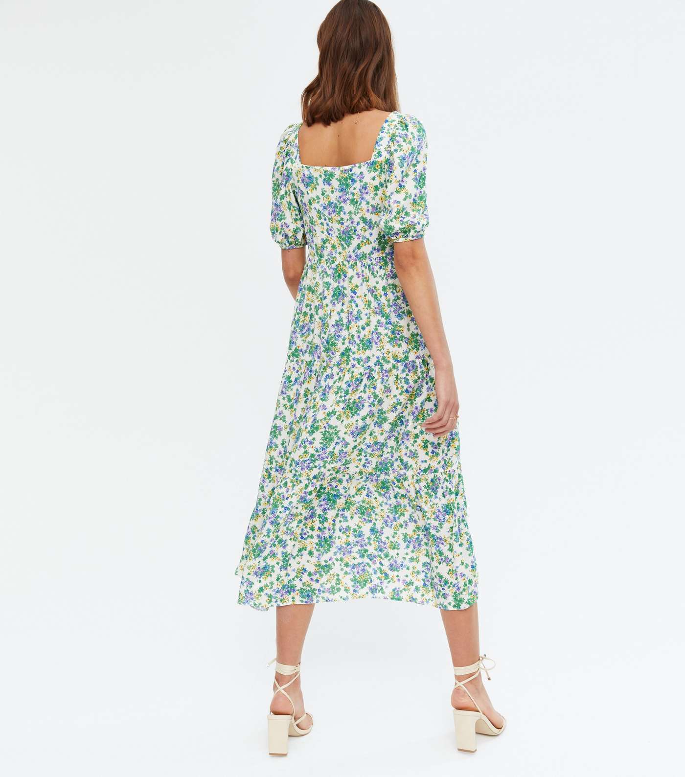 Green Ditsy Floral Frill Tiered Midi Dress Image 4
