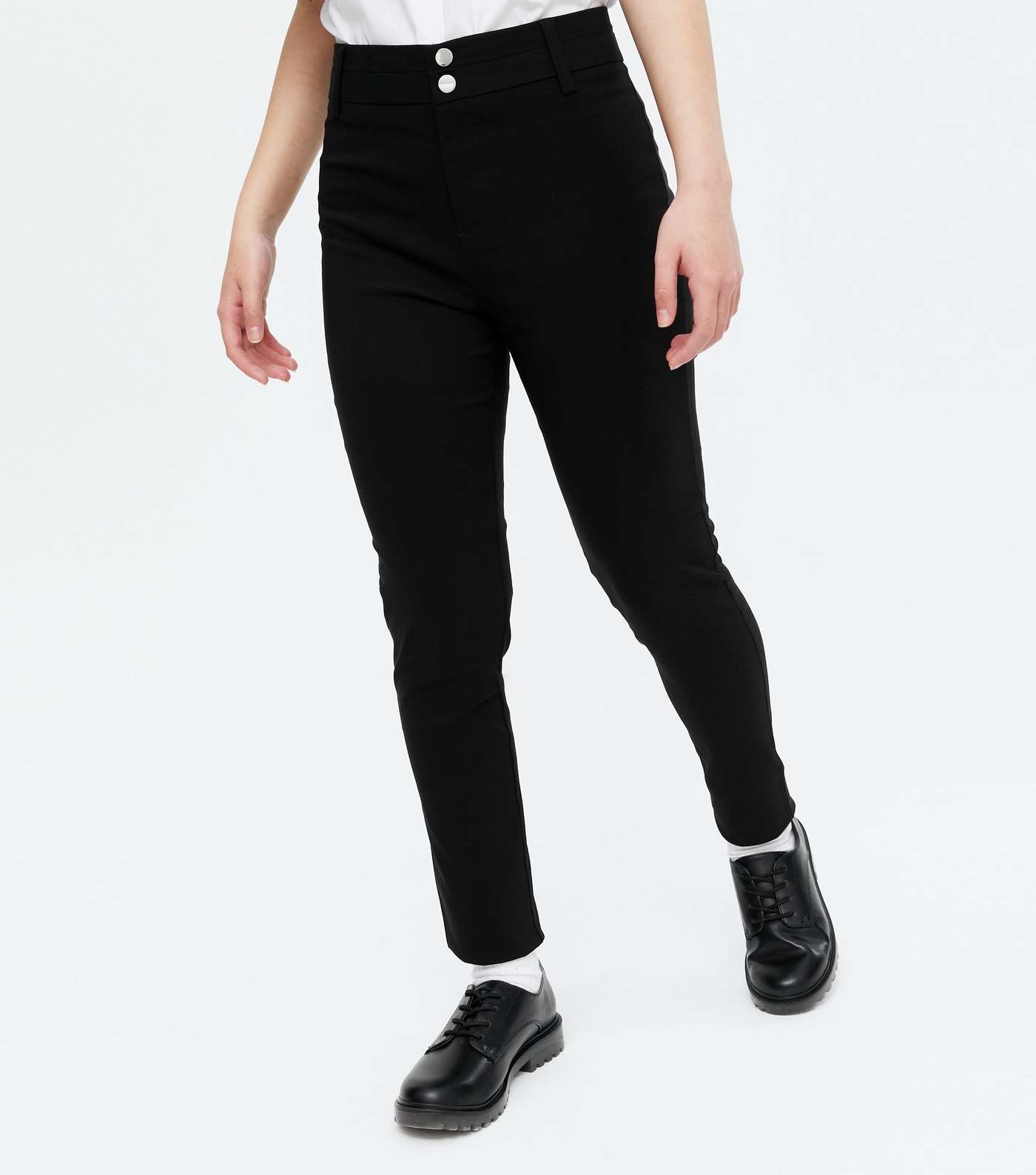 Girls Black Double Button Skinny Trousers Image 2