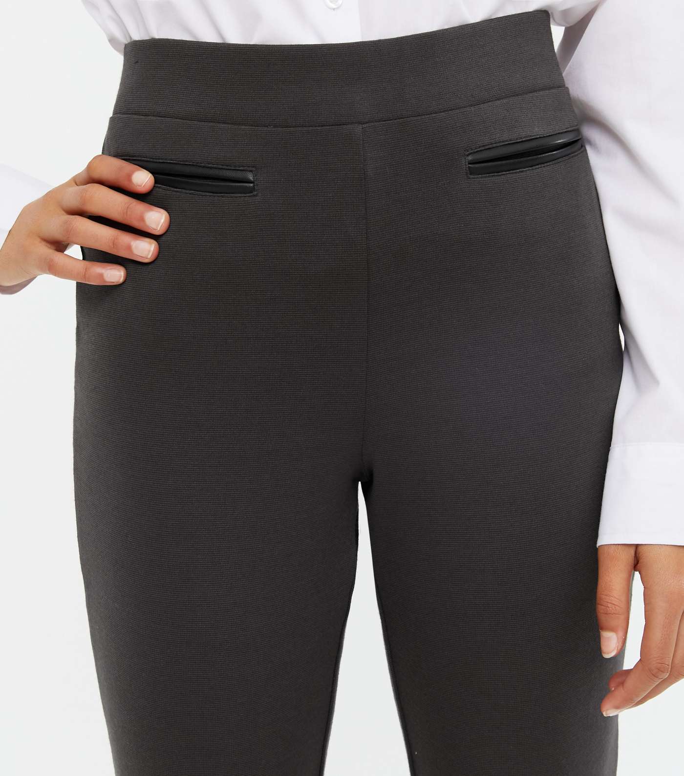 Girls Dark Grey Leather-Look Pocket Skinny Trousers Image 3