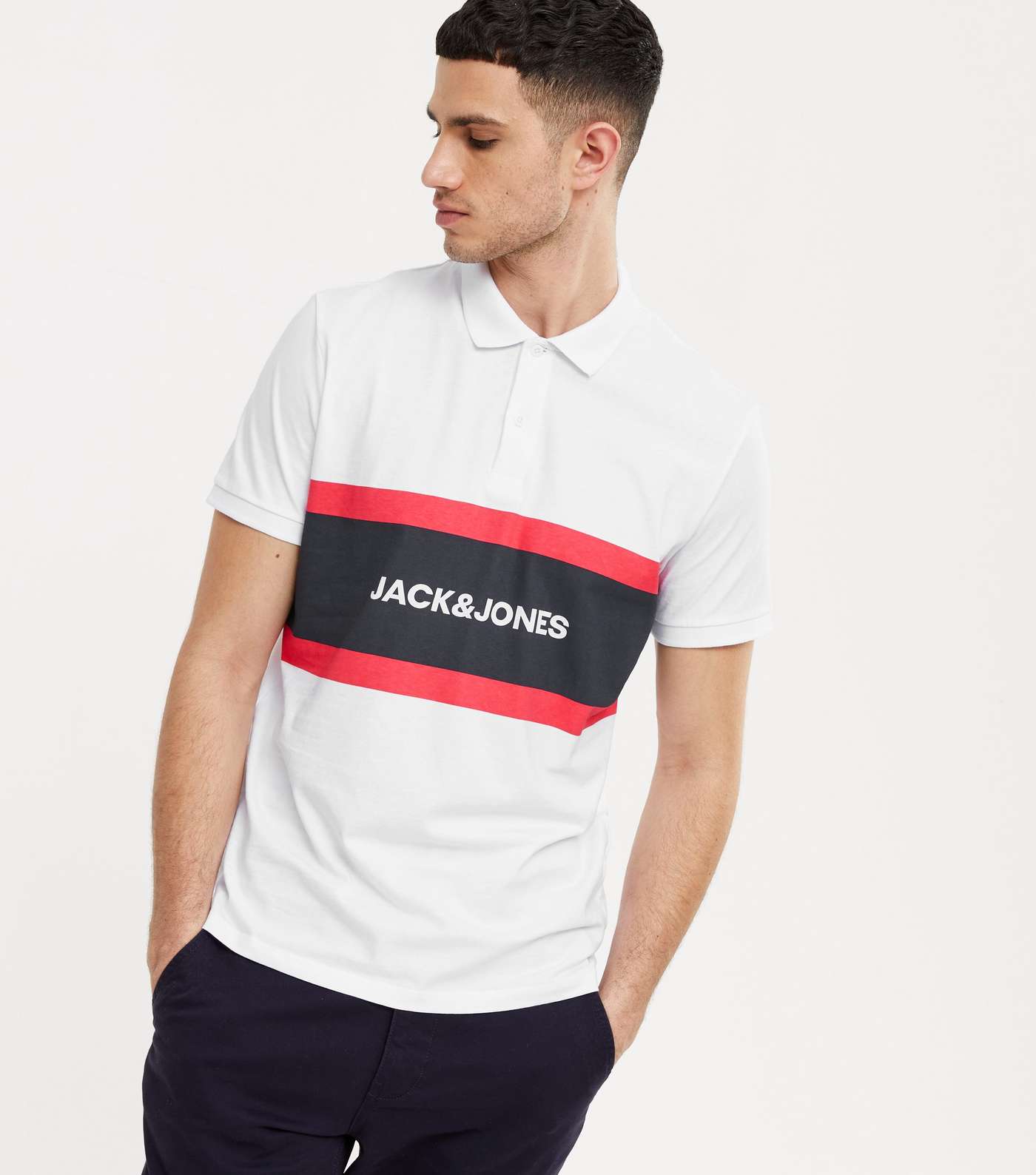 Jack & Jones White Stripe Logo Collared Polo Shirt