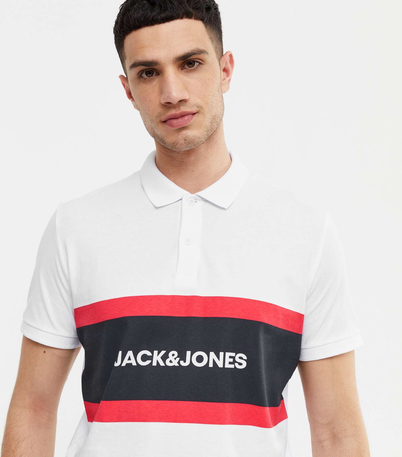 Jack & Jones White Stripe Logo Collared Polo Shirt Image 3