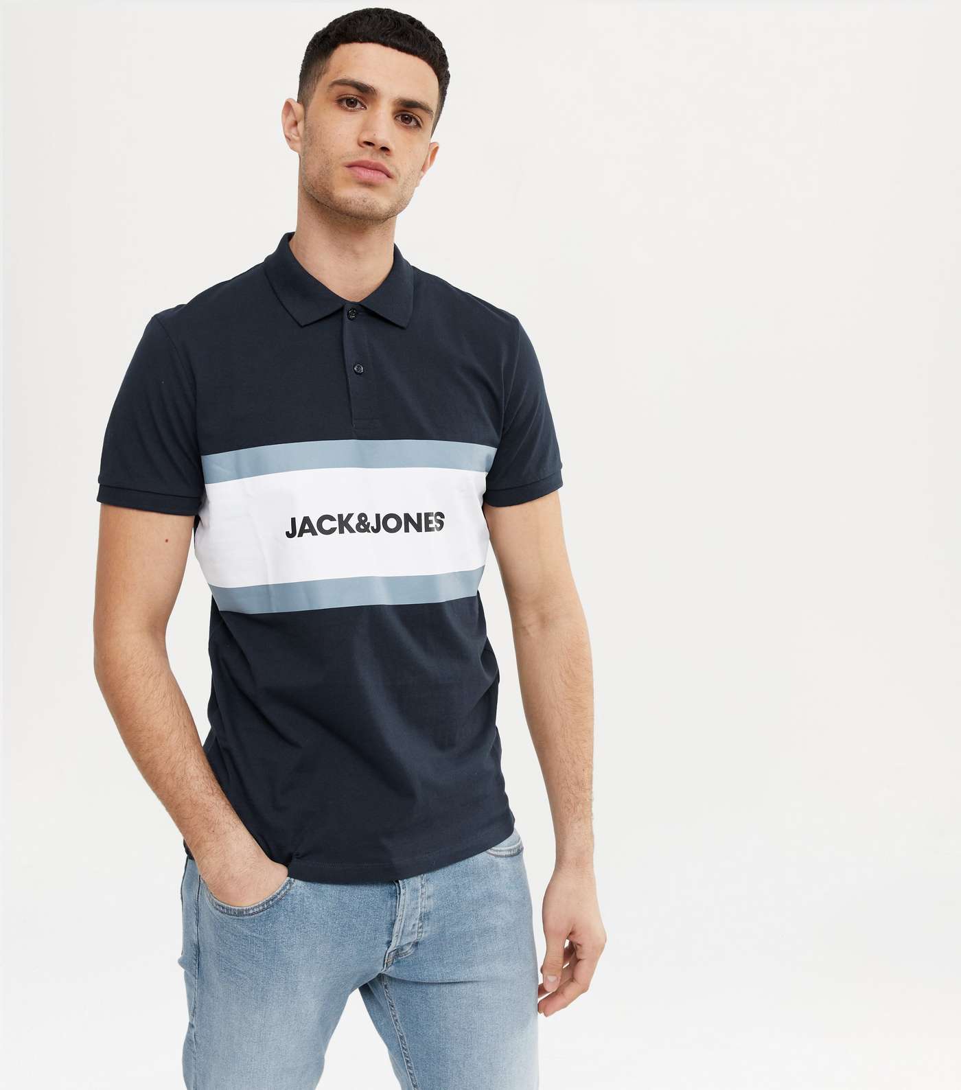 Jack & Jones Navy Stripe Logo Collared Polo Shirt