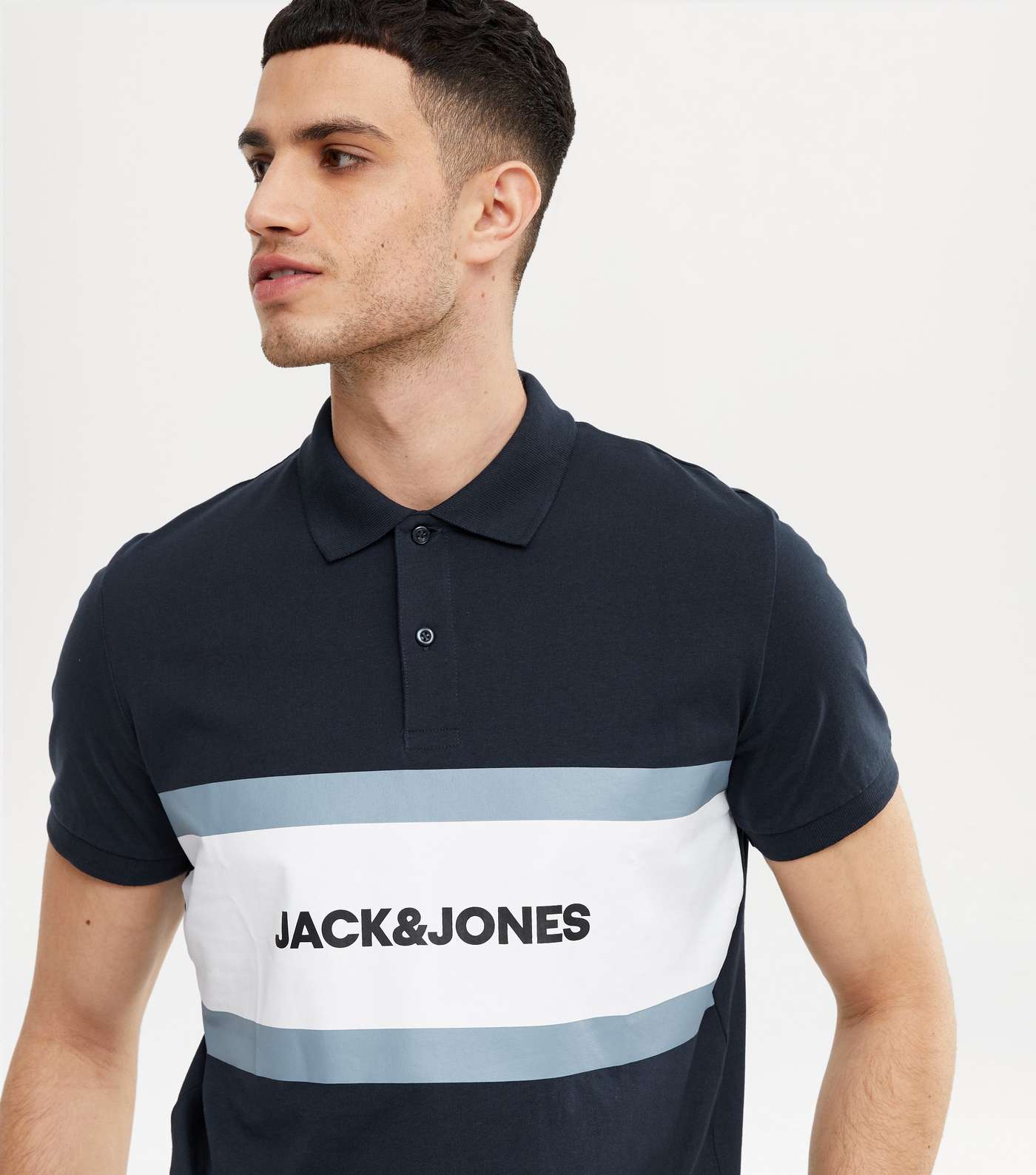 Jack & Jones Navy Stripe Logo Collared Polo Shirt Image 3
