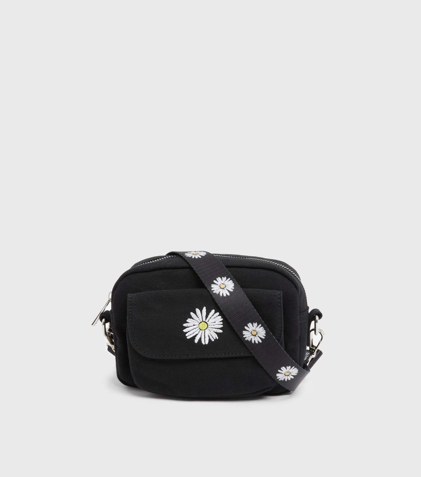 Girls Black Daisy Embroidered Cross Body Bag