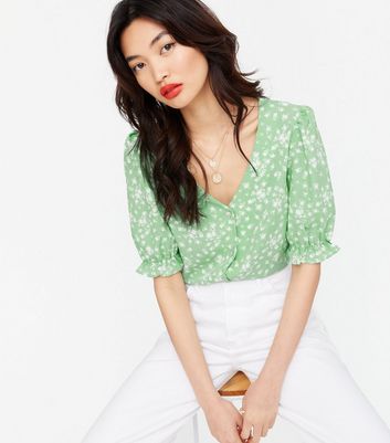 Green Floral Crepe Button Front Blouse 