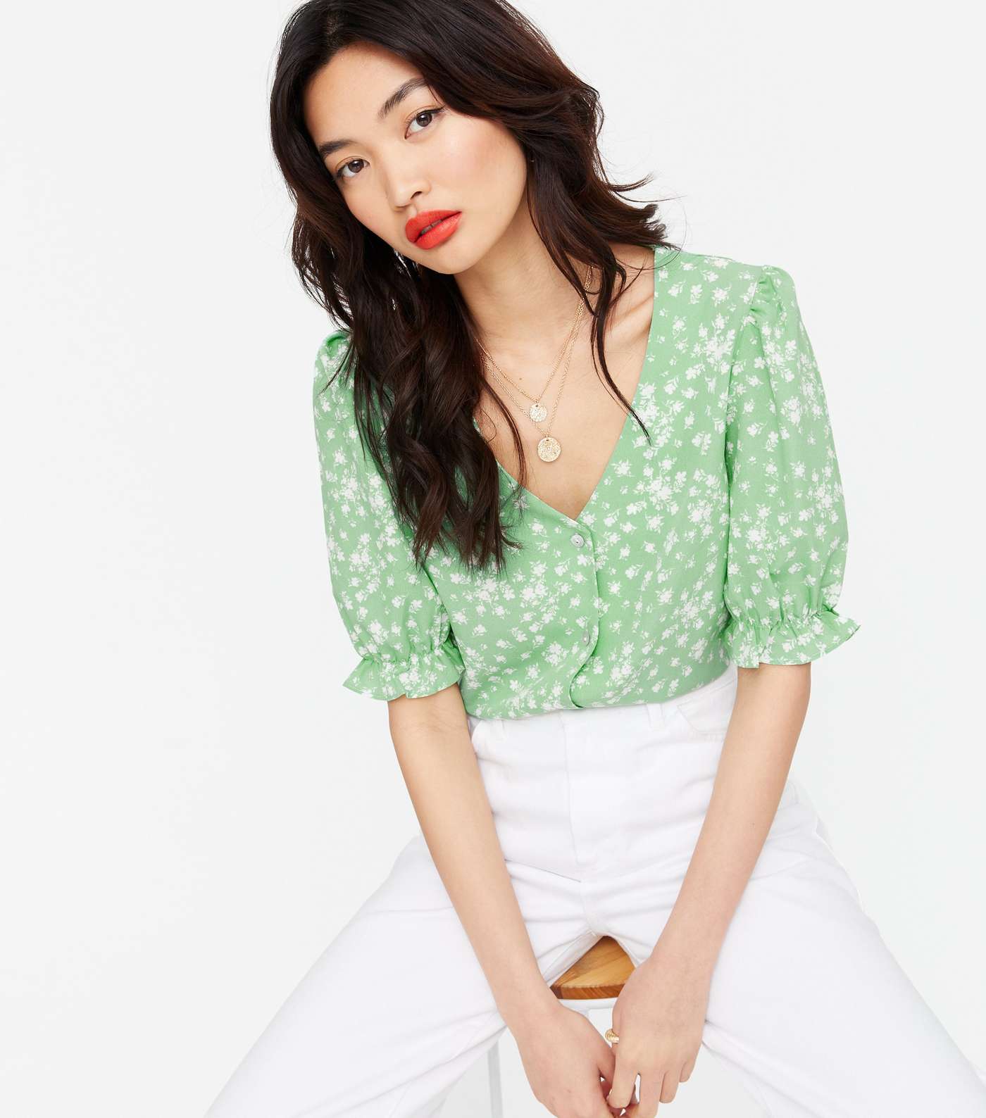 Light Green Floral Crepe Button Front Blouse