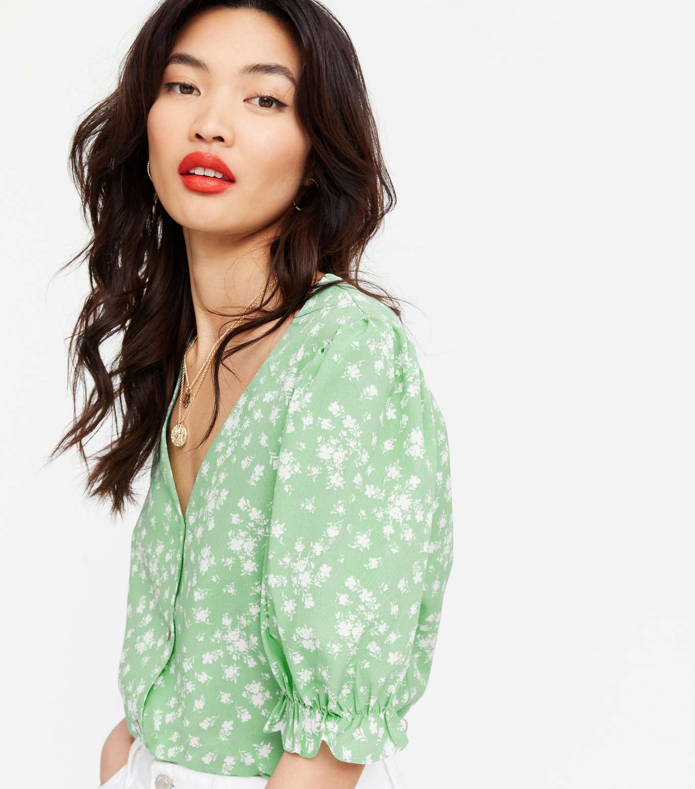 Light Green Floral Crepe Button Front Blouse Image 3