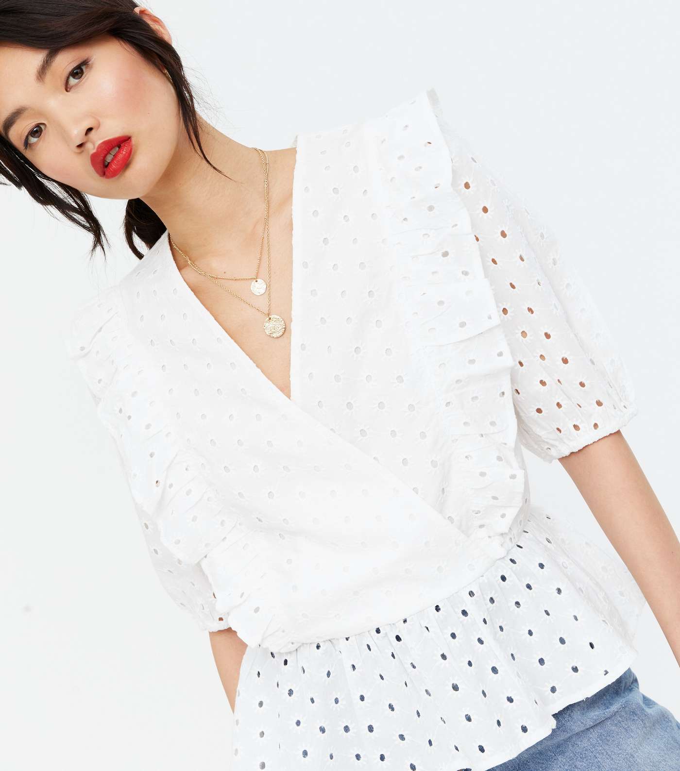 Off White Broderie Frill Wrap Peplum Blouse