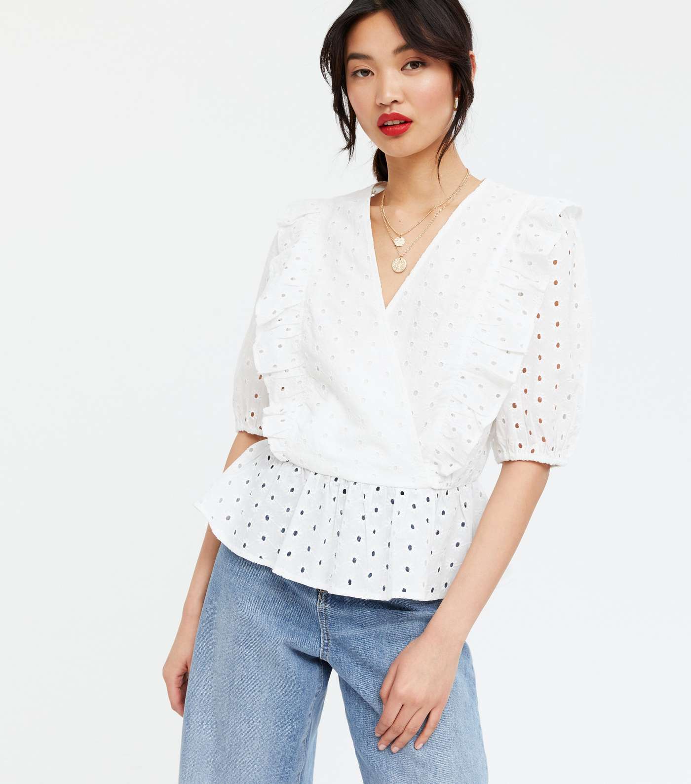 Off White Broderie Frill Wrap Peplum Blouse Image 3
