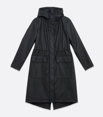 Black Hooded Long Drawstring Anorak New Look