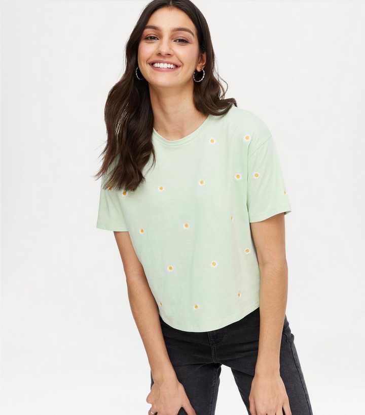 Light Green Floral Embroidered Boxy T-Shirt 