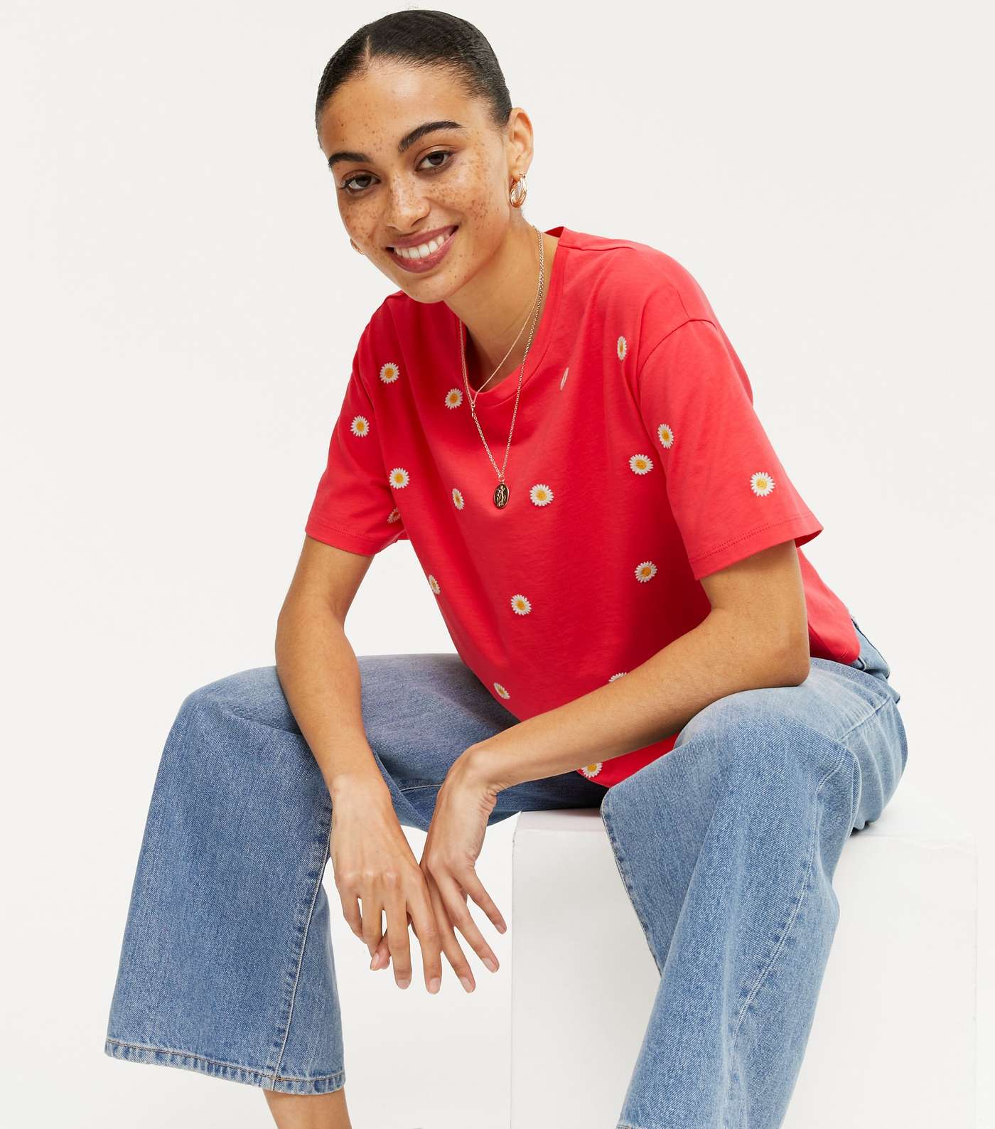Red Floral Embroidered Boxy T-Shirt 