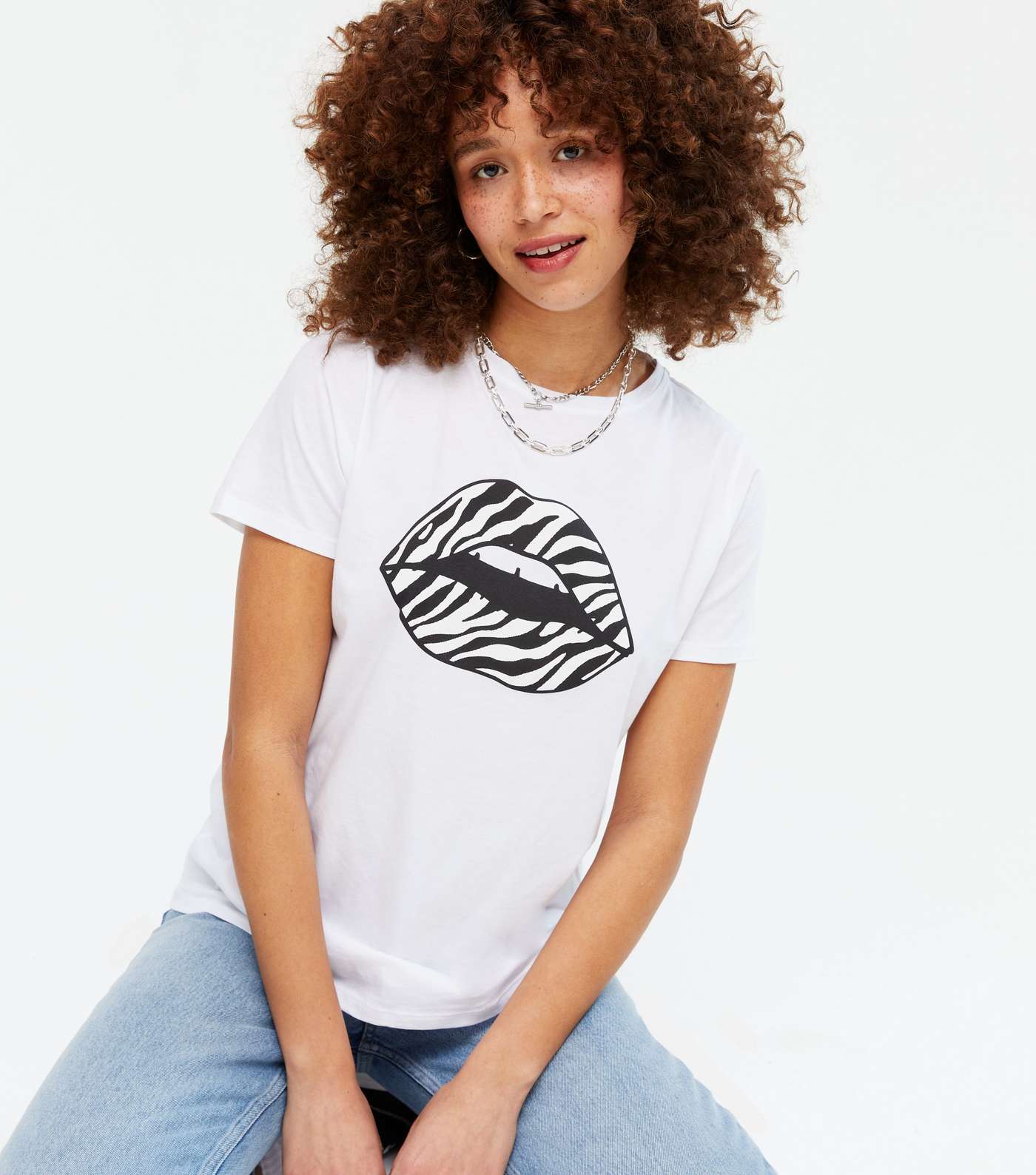 White Zebra Print Lips Logo T-Shirt