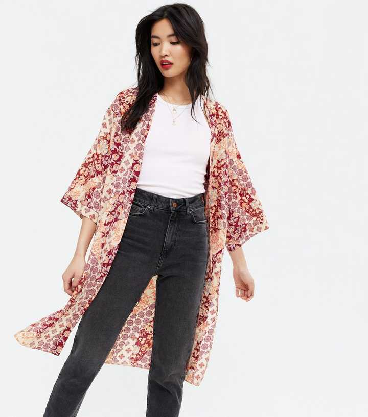 Rust Tile Print Long Kimono 