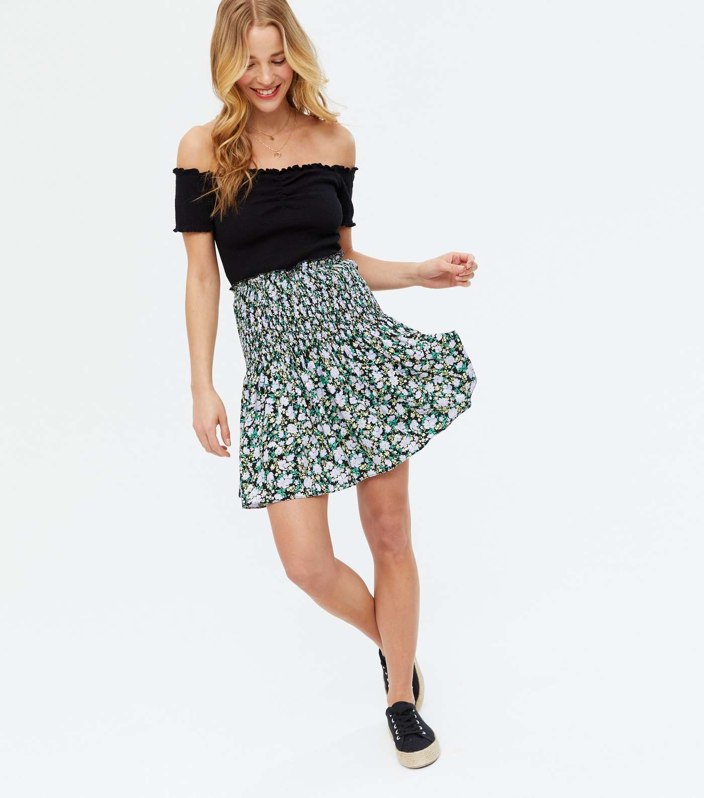 Black Floral Shirred Mini Skirt
