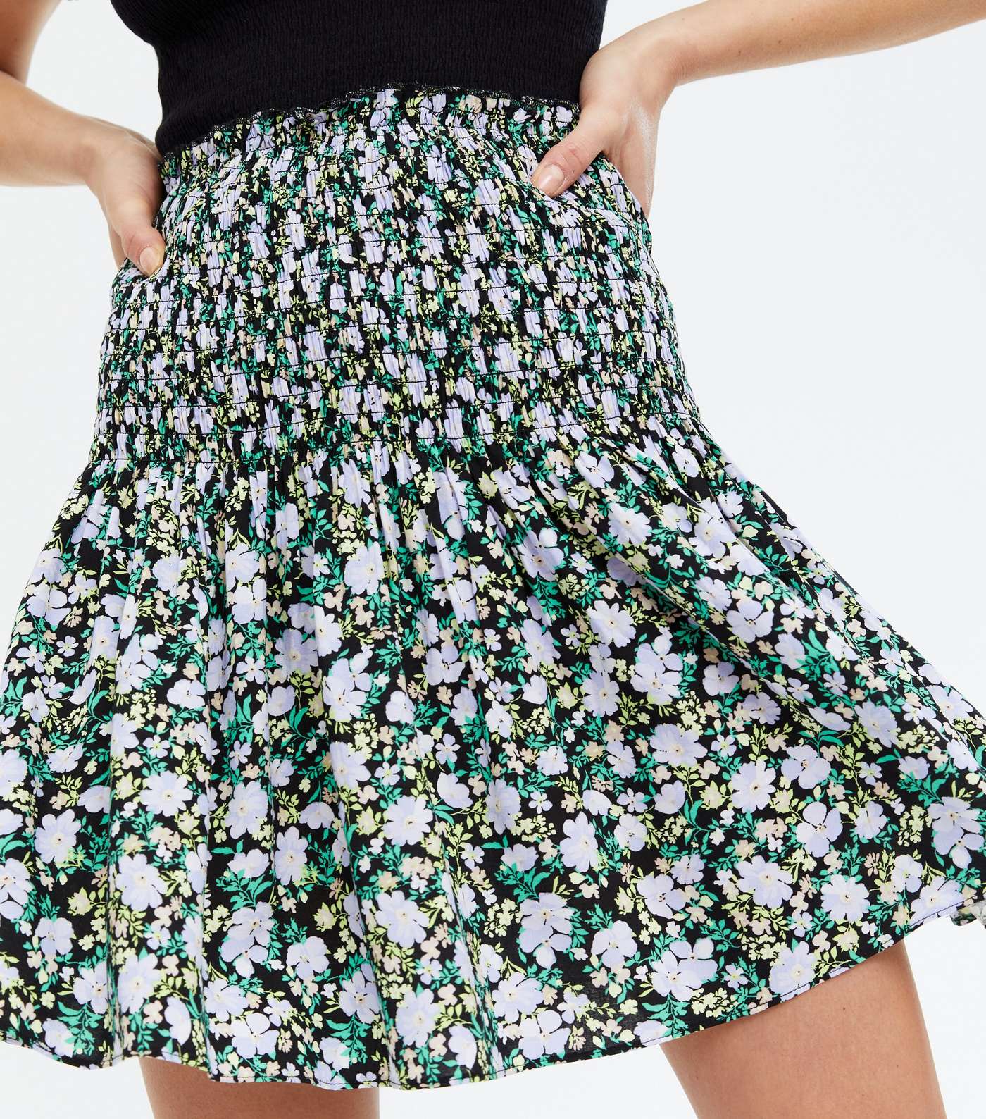 Black Floral Shirred Mini Skirt Image 3