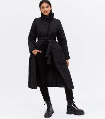 Black Quilted High Neck Belted Midi Coat | New Look