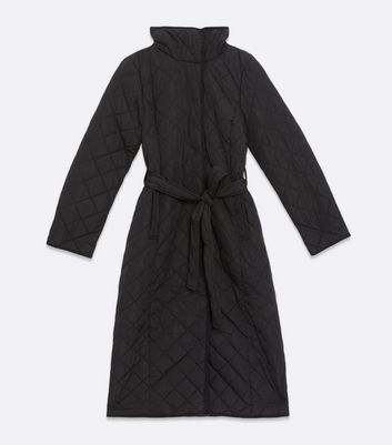 black quilted high neck belted midi coat