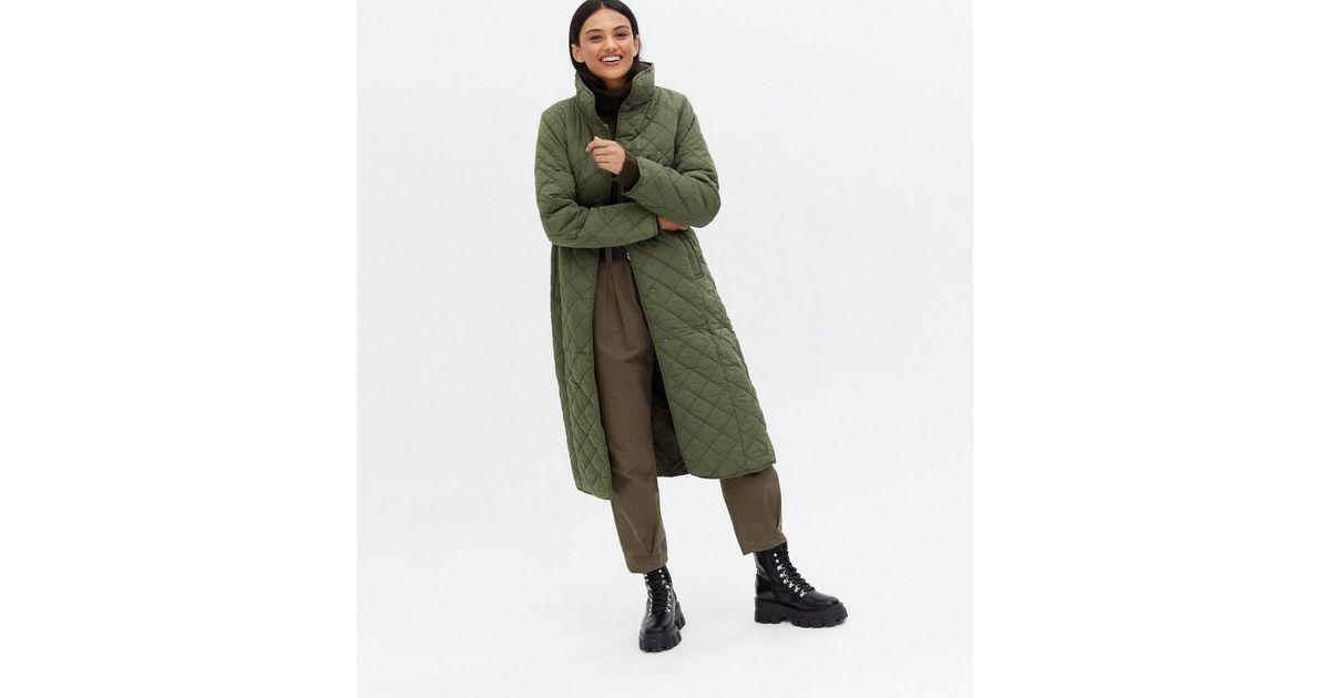 Khaki Quilted High Neck Belted Midi Coat | New Look