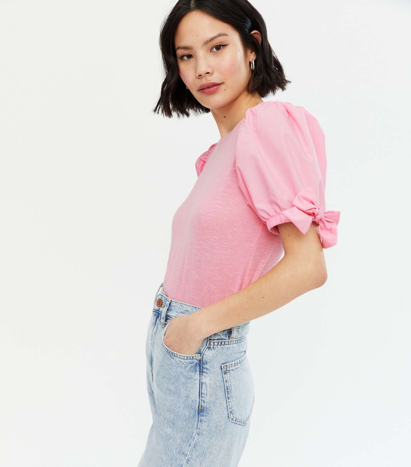 Mid Pink Fine Knit Bow Puff Sleeve Top