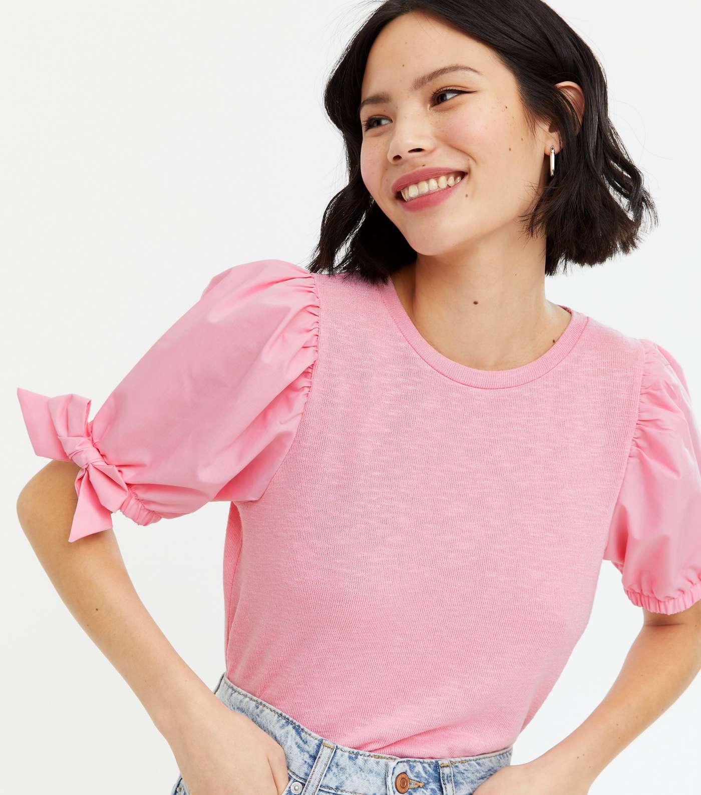 Mid Pink Fine Knit Bow Puff Sleeve Top Image 3