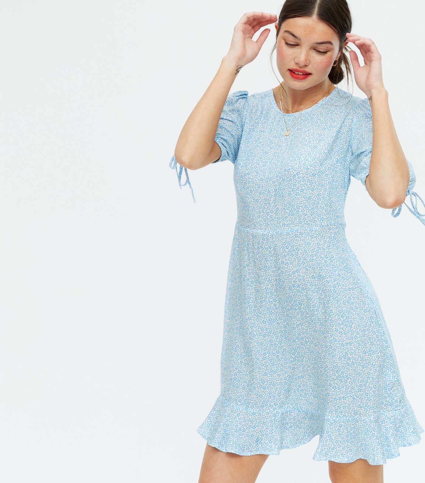 Pale Blue Floral Tie Sleeve Tiered Mini Dress
