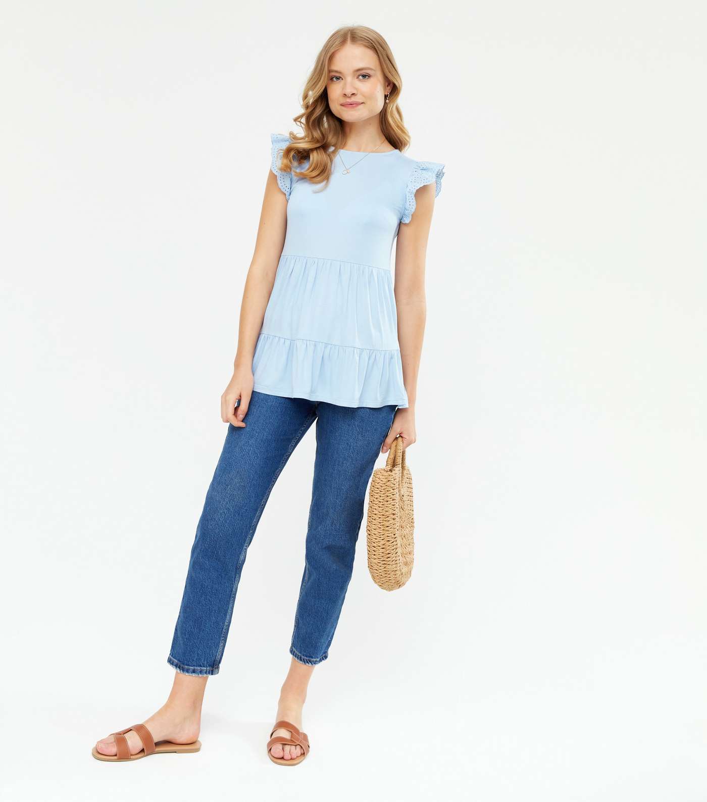 Pale Blue Broderie Sleeve Tiered T-Shirt Image 2