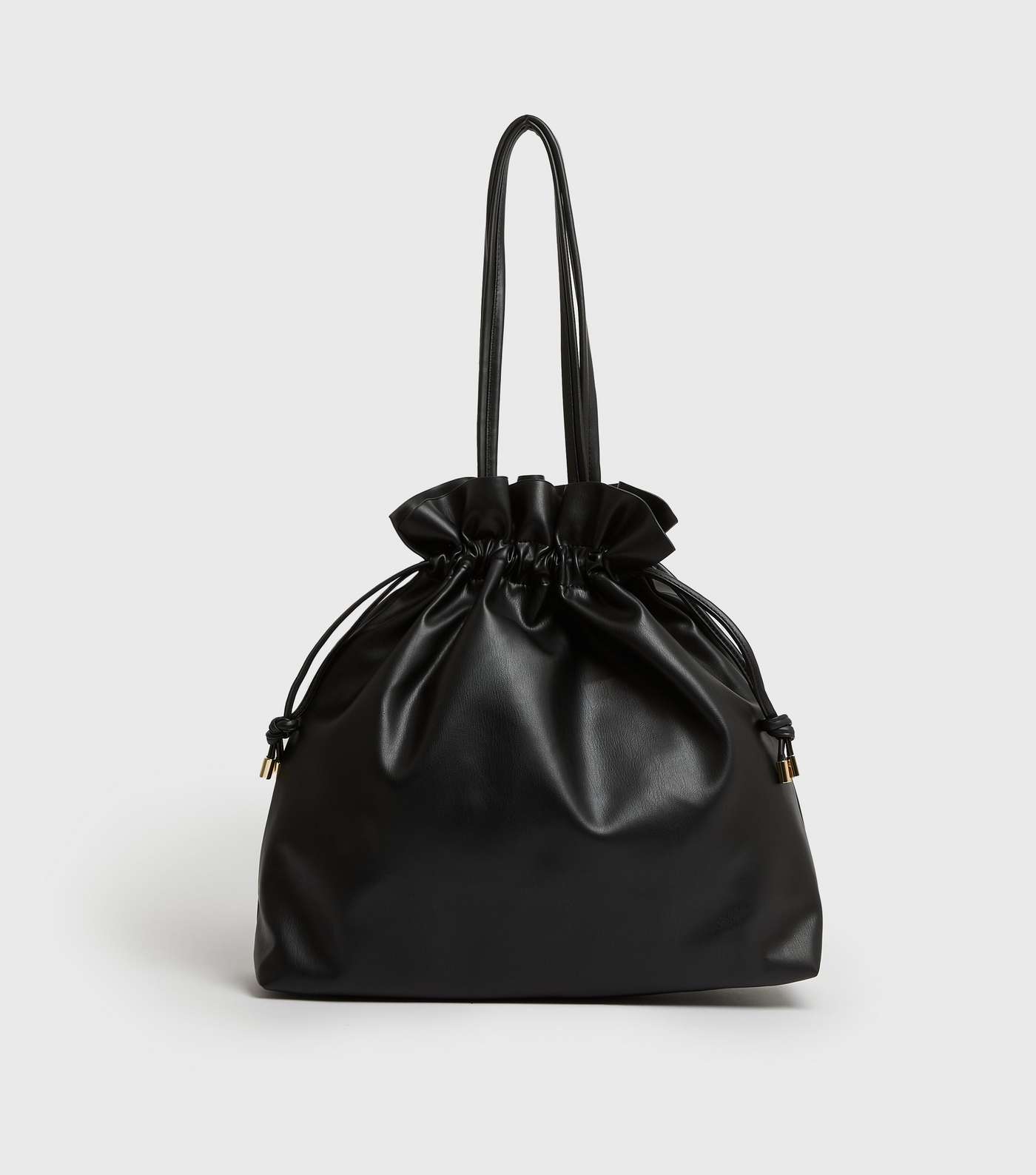 Black Leather-Look Drawstring Tote Bag