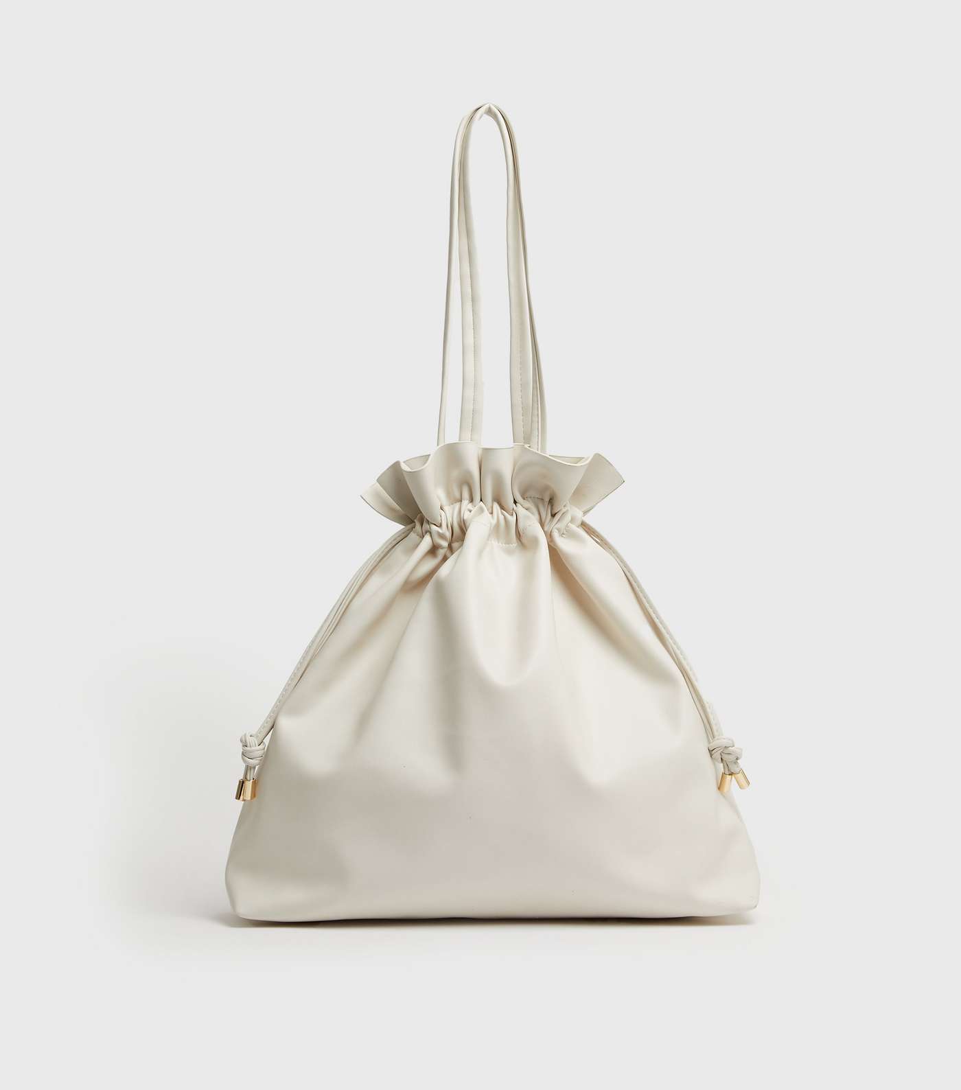 Cream Leather-Look Drawstring Tote Bag