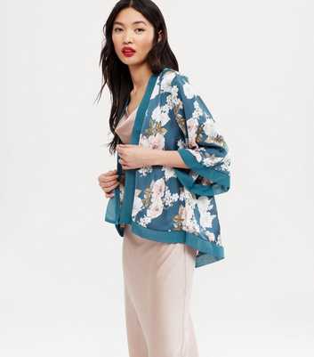 Mela Blue Floral Satin Short Kimono