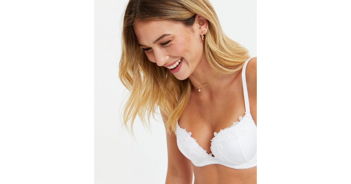 White Satin Floral Lace Trim Push Up Bra | New Look