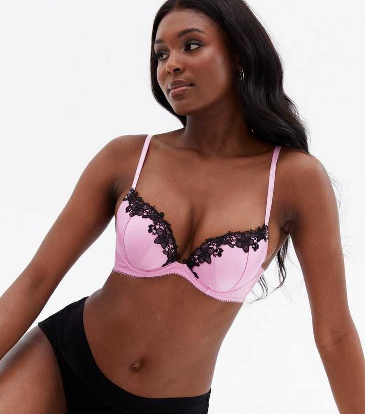 Mid Pink Satin Floral Lace Trim Push Up Bra