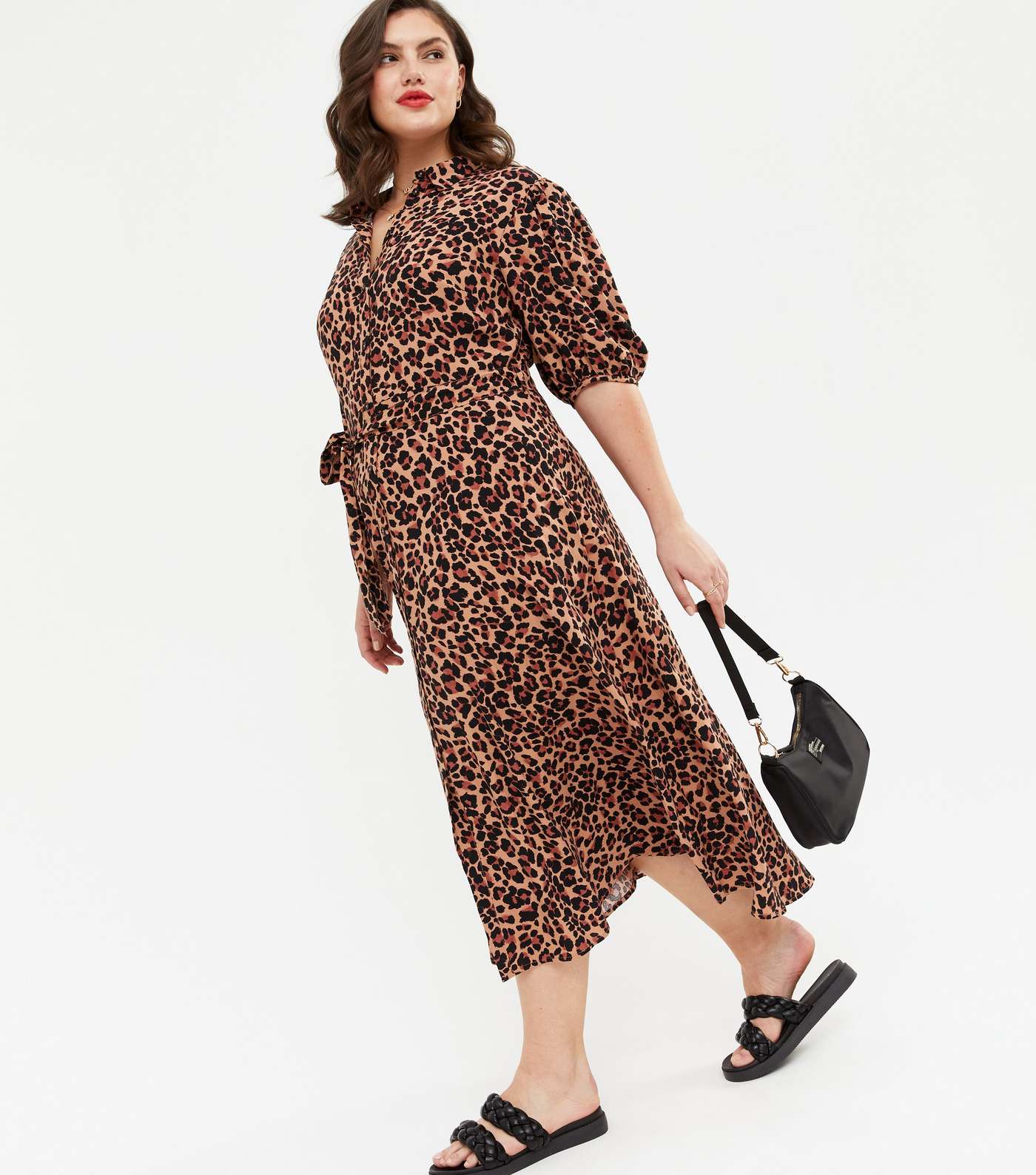 Curves Brown Leopard Print Midi Shirt Dress