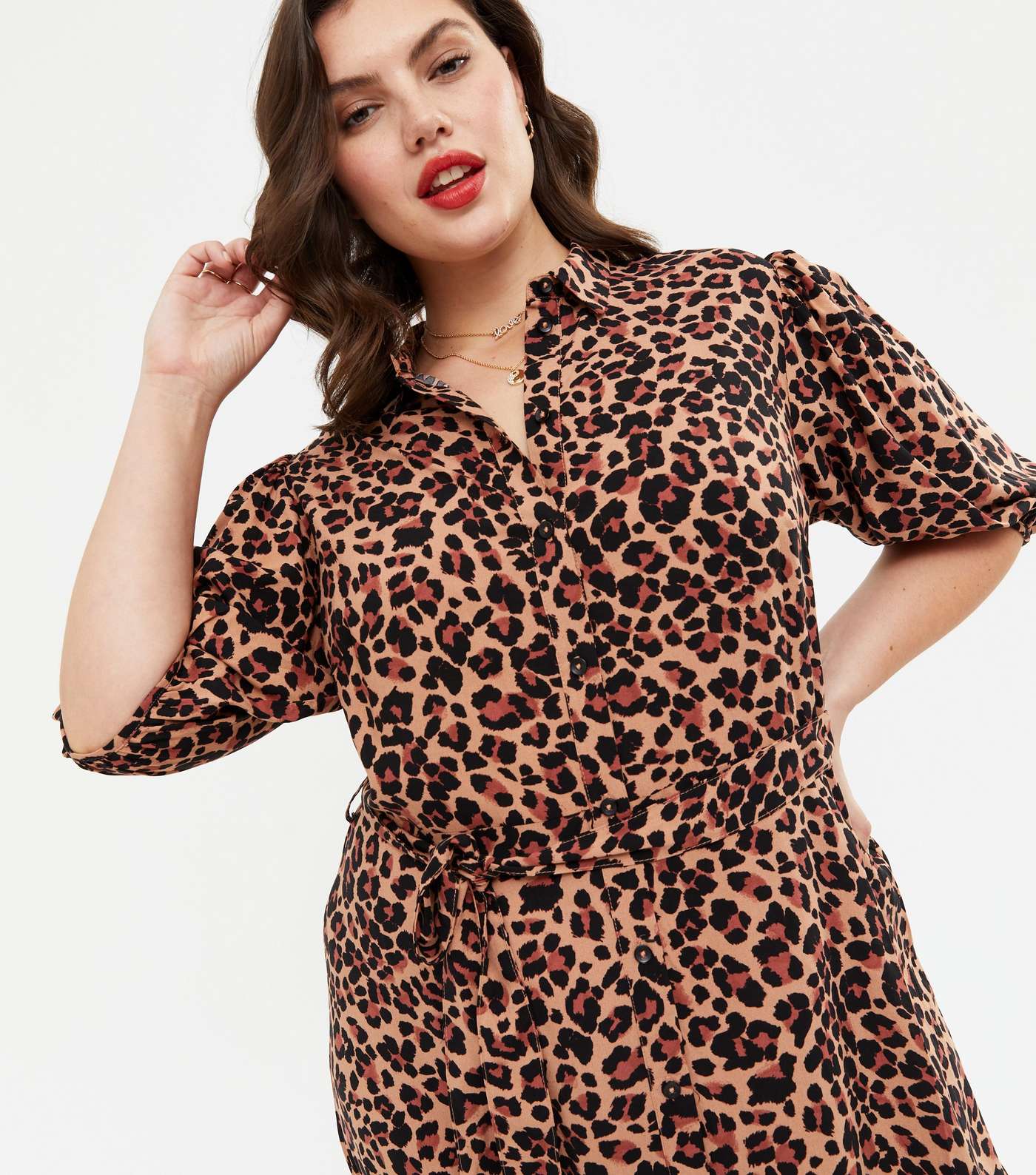 Curves Brown Leopard Print Midi Shirt Dress Image 3