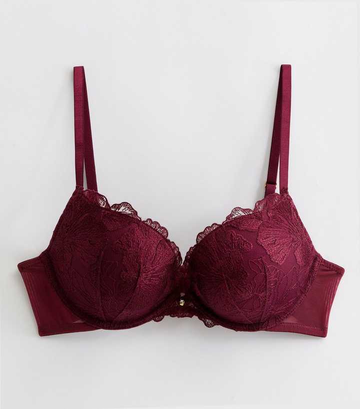 Burgundy Floral Embroidered Push Up Bra