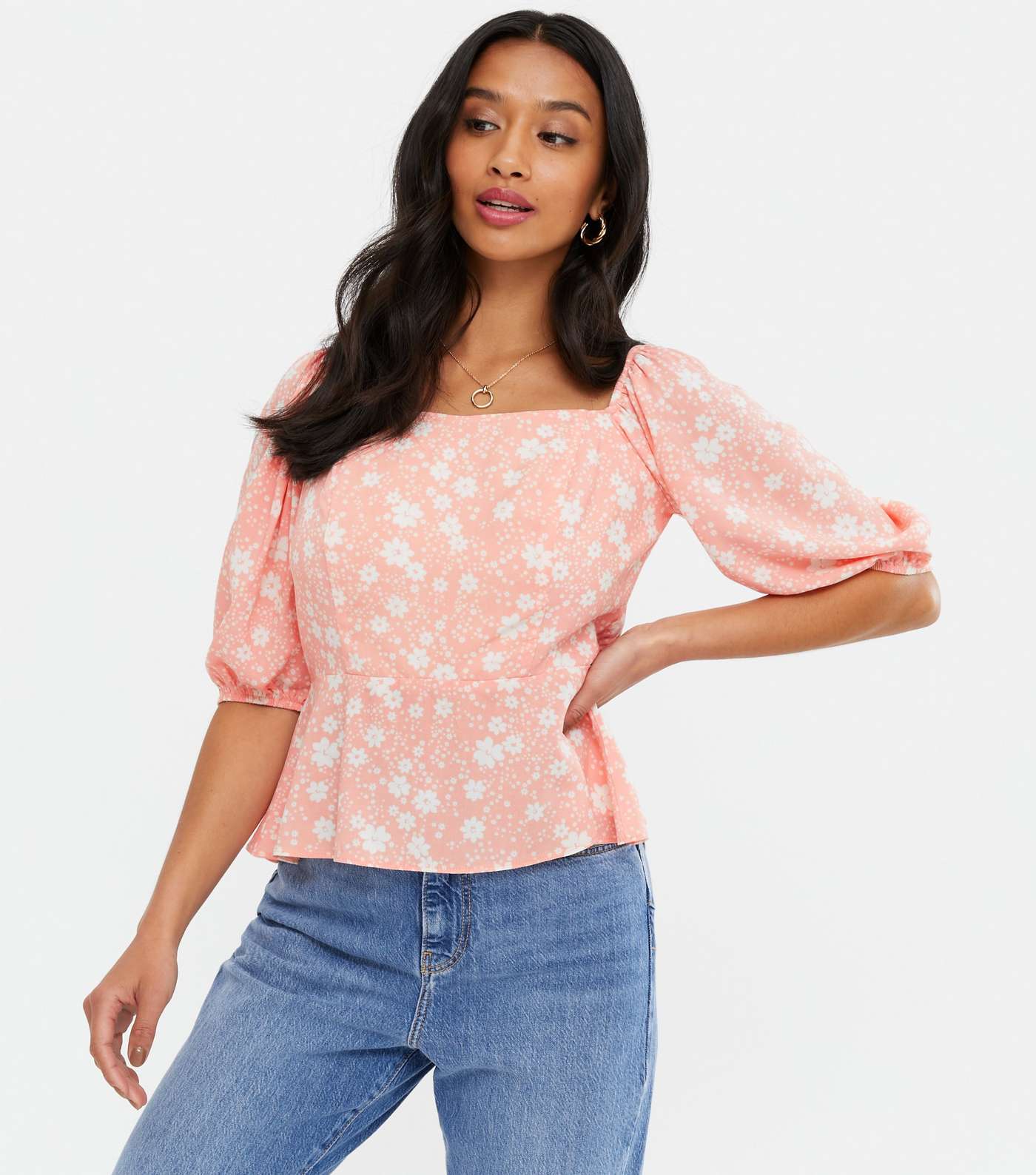 Petite Pink Ditsy Floral Square Neck Peplum Blouse
