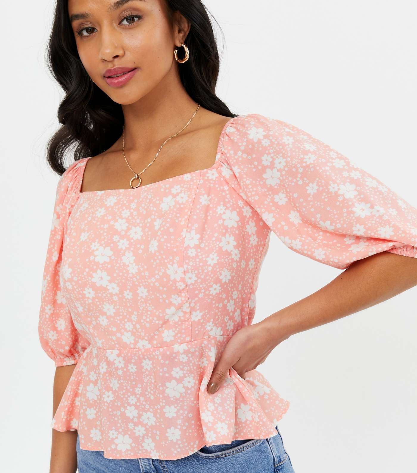 Petite Pink Ditsy Floral Square Neck Peplum Blouse Image 3