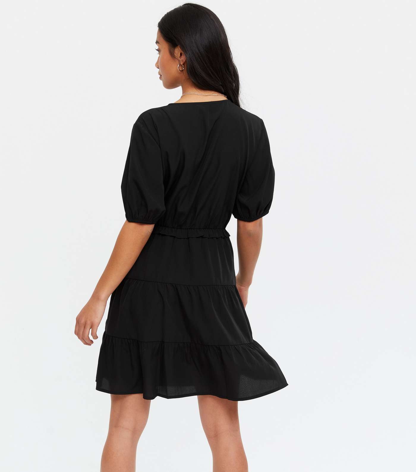 Petite Black Crepe Tiered Mini Wrap Dress Image 4