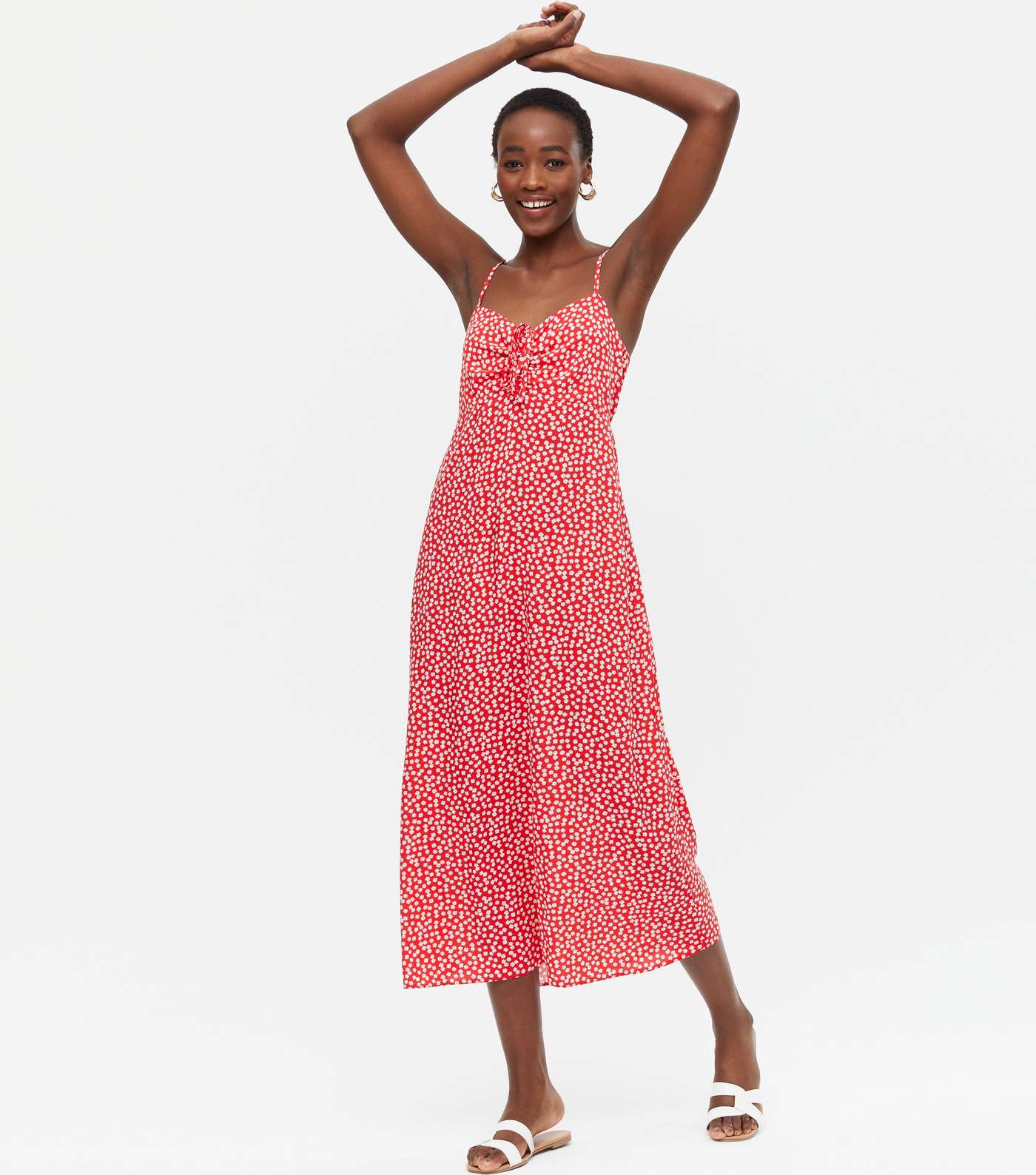 Tall Red Ditsy Floral Tie Front Midi Slip Dress